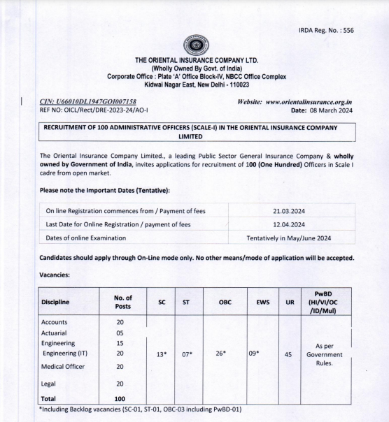 Advertisement of Direct Recruitment of Administrative Officer Exercise 2023-24
