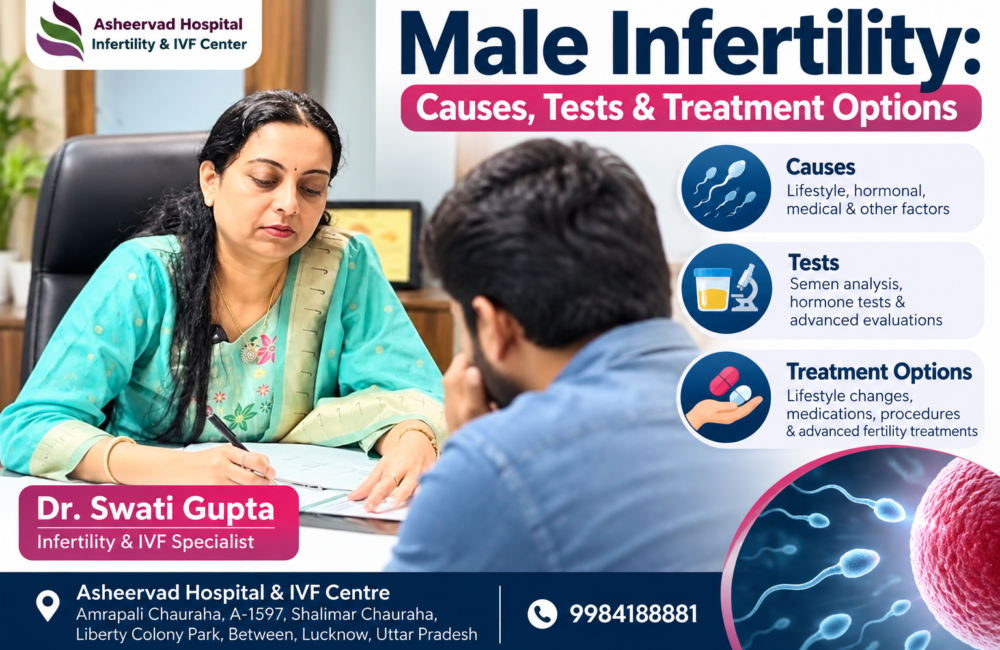 Male Infertility: Causes, Tests & Treatment Options SEO Title: Male Infertility Treatment in Lucknow: Causes, Tests & Options Meta Description: Learn about male infertility causes, symptoms, sperm tests, and treatment options, including lifestyle changes and IVF. Explore when to consult a fertility specialist in Lucknow. Focus Keyword: male infertility treatment Lucknow Secondary Keywords: male infertility causes, low sperm count treatment, semen analysis test, male fertility specialist Lucknow, sperm motility, IVF and ICSI treatment Introduction Starting a family can be an important goal for many couples. However, conception does not always happen as quickly as expected. When pregnancy is delayed, people often focus on female fertility, but male fertility can also play a significant role. Male infertility refers to problems with sperm production, sperm quality, sperm transport, or sexual function that make natural conception difficult. It can occur independently or alongside female fertility problems. In many cases, appropriate investigations can help identify the cause and guide treatment. Understanding the causes, diagnostic tests, and available male infertility treatment in Lucknow can help couples make informed decisions and seek medical advice at the right time. According to the "Mayo Clinic" (https://www.mayoclinic.org/diseases-conditions/male-infertility/symptoms-causes/syc-20374773), male infertility may be related to low sperm numbers, poor sperm movement, abnormal sperm function, or blockages that prevent sperm from reaching the semen. What Is Male Infertility? Male infertility is a reproductive health condition in which male-related factors make it difficult to achieve pregnancy. A man may have normal sexual desire and erections but still have fertility-related concerns. Sperm health is generally assessed through several characteristics: - Sperm count: The number of sperm present in a semen sample. - Sperm motility: How effectively sperm move. - Sperm morphology: The shape and structure of sperm. - Semen volume: The amount of semen produced during ejaculation. Abnormal results do not automatically mean that natural conception is impossible. Fertility assessment considers the complete clinical picture, including the partner's reproductive health. Common Causes of Male Infertility Male infertility can have several causes, and sometimes more than one factor is involved. 1. Low Sperm Count A low sperm count means that fewer sperm than expected are present in the semen. This may reduce the likelihood of sperm reaching and fertilising an egg. Possible contributing factors include hormonal problems, certain medical conditions, previous infections, genetic factors, and exposure to some harmful substances. 2. Poor Sperm Motility Sperm need to move effectively to reach an egg. Reduced motility may make fertilisation more difficult. A semen analysis helps evaluate sperm movement alongside count and morphology. 3. Varicocele A varicocele is an enlargement of veins within the scrotum. In some men, it is associated with reduced sperm production or quality. Depending on examination findings and fertility goals, a specialist may consider monitoring or treatment. 4. Hormonal Imbalances Hormones produced by the brain and reproductive organs help regulate sperm production. Problems involving testosterone or other reproductive hormones may affect fertility and may require targeted investigations. 5. Blockages in the Reproductive Tract Blockages can prevent sperm from entering the semen. They may be associated with previous infections, surgery, injury, or conditions present from birth. 6. Infections and Previous Medical Conditions Certain infections, testicular injuries, undescended testicles, and some long-term illnesses can affect sperm production or transport. Previous cancer treatment may also influence fertility. 7. Lifestyle and Environmental Factors Smoking, anabolic steroid use, some recreational drugs, obesity, and exposure to particular industrial chemicals may affect reproductive health. Excessive alcohol consumption can also contribute to fertility concerns. It is important to remember that male infertility is not always preventable, and lifestyle factors are not the explanation in every case. Symptoms of Male Infertility The most common sign is difficulty achieving pregnancy despite regular, unprotected sexual intercourse. Many men do not experience any obvious symptoms. However, some underlying conditions may cause: - Pain, swelling, or a lump in the testicular area. - Reduced sexual desire. - Difficulty achieving or maintaining an erection. - Problems with ejaculation. - Noticeable changes in sexual or reproductive function. These symptoms do not necessarily indicate infertility, but they should be evaluated by a qualified healthcare professional. Tests Used to Diagnose Male Infertility A fertility specialist usually recommends tests according to the patient's medical history, examination, and initial findings. Not every patient needs every test. 1. Semen Analysis Semen analysis is usually one of the first investigations. A laboratory examines the semen sample to assess sperm concentration, movement, shape, and other relevant characteristics. The clinic or laboratory will provide instructions about sample collection and the period of abstinence before testing. An abnormal result may need to be repeated because semen parameters can vary between samples. 2. Physical Examination and Medical History The doctor may ask about previous illnesses, surgeries, medications, sexual health, family history, and the duration of attempts to conceive. A physical examination may help identify conditions such as a varicocele or abnormalities involving the reproductive organs. 3. Hormone Tests Blood tests may be recommended when low sperm production or a hormonal condition is suspected. Depending on the findings, testing may include testosterone and other hormones involved in sperm production. 4. Ultrasound or Additional Imaging A scrotal ultrasound may be advised when examination findings suggest a structural problem. Other imaging investigations are reserved for selected cases, such as suspected blockages. 5. Genetic Testing Genetic investigations may be appropriate in some men with extremely low sperm counts or absent sperm in the semen, particularly when a genetic cause is suspected. The exact testing plan should be decided by the treating specialist. The "NHS guide to infertility diagnosis" (https://www.nhs.uk/conditions/infertility/diagnosis/) also describes semen analysis and physical examination as important parts of male fertility assessment. Male Infertility Treatment Options Treatment depends on the cause, the severity of the problem, the partner's fertility assessment, and the couple's preferences. 1. Lifestyle Modifications When relevant, a doctor may recommend stopping smoking, avoiding anabolic steroids, limiting alcohol, maintaining a healthy weight, exercising regularly, and reducing exposure to harmful chemicals. Patients should discuss all medicines and supplements with their doctor. Prescribed medication should not be stopped independently. 2. Medication and Hormonal Treatment Specific hormonal disorders may respond to medical treatment. Medicines may also be used for certain diagnosed conditions, such as infections. However, fertility medicines are not suitable for every case. Testosterone replacement, in particular, can suppress sperm production in men trying to conceive, so it should not be started for fertility purposes without specialist advice. 3. Surgery Surgery may be considered for selected conditions, such as certain varicoceles or surgically correctable blockages. Whether it is likely to help depends on the diagnosis and individual circumstances. 4. Intrauterine Insemination (IUI) IUI involves placing prepared sperm into the uterus around the time of ovulation. It may be suitable in selected cases, depending on sperm quality and other fertility factors. It is not appropriate for every form of male infertility. 5. IVF and ICSI In vitro fertilisation (IVF) involves fertilising eggs with sperm in a laboratory. Intracytoplasmic sperm injection (ICSI) is a technique in which a single sperm is injected directly into an egg. ICSI may be recommended for certain cases of significant male-factor infertility. In selected patients with no sperm in the ejaculate, specialists may investigate whether sperm can be retrieved surgically. Neither IVF nor ICSI guarantees pregnancy. The recommended approach depends on the clinical findings and a discussion of potential benefits, limitations, costs, and risks. When Should You Consult a Fertility Specialist? Consider seeking a fertility evaluation if pregnancy has not occurred after 12 months of regular, unprotected intercourse. Earlier assessment may be appropriate when the female partner is 35 or older, either partner has a known fertility-related condition, or there are concerns such as testicular pain, previous reproductive surgery, or sexual dysfunction. Both partners should generally be evaluated rather than assuming that the problem lies with only one person. Early assessment may help identify treatable conditions and prevent unnecessary delays. Frequently Asked Questions 1. Can male infertility be treated? Some causes can be treated with lifestyle changes, medication, or surgery. Assisted reproductive techniques may help in other cases. The outcome depends on the underlying cause and individual circumstances. 2. Is a low sperm count the same as infertility? No. A low sperm count can reduce the chance of conception, but it does not always mean pregnancy is impossible. Other sperm parameters and the partner's fertility also matter. 3. Does male infertility always cause symptoms? No. Many men have no noticeable symptoms and discover a fertility concern only when pregnancy does not occur. 4. Which test is usually done first? Semen analysis is commonly an initial test. A doctor may recommend additional investigations depending on its results and the patient's history. 5. Can lifestyle changes improve sperm health? Healthy habits may support reproductive health, particularly when smoking, certain substances, excess weight, or other modifiable factors are involved. However, lifestyle changes cannot correct every medical or genetic cause of infertility. Conclusion Male infertility is a medical concern that deserves timely, respectful, and evidence-based evaluation. Understanding possible causes and undergoing appropriate tests can help couples explore suitable treatment options, from targeted medical care to assisted reproductive techniques. If you are looking for male infertility treatment in Lucknow, consider consulting a qualified fertility specialist who can assess both partners, explain the available options, and develop an individualised plan. Avoid self-medication and unverified supplements, as the right treatment depends on identifying the underlying cause. Medical disclaimer: This article is for general educational purposes only and does not replace individual medical advice, diagnosis, or treatment. Hospital Details Asheervad Hospital & IVF Centre Address: Amrapali Chauraha, A-1597, Shalimar Chauraha, Liberty Colony Park, between, Indira Nagar, Lucknow – 226016 Phone: 080044 3394 Consultant: Dr. Swati Gupta – Consultant Obstetrician, Gynecologist & Infertility Specialist For personalised guidance, contact the hospital to confirm current consultation availability and the fertility services offered.